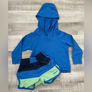 Patagonia Blue and Green Rash Guard Hoodie Swim Trunk Set